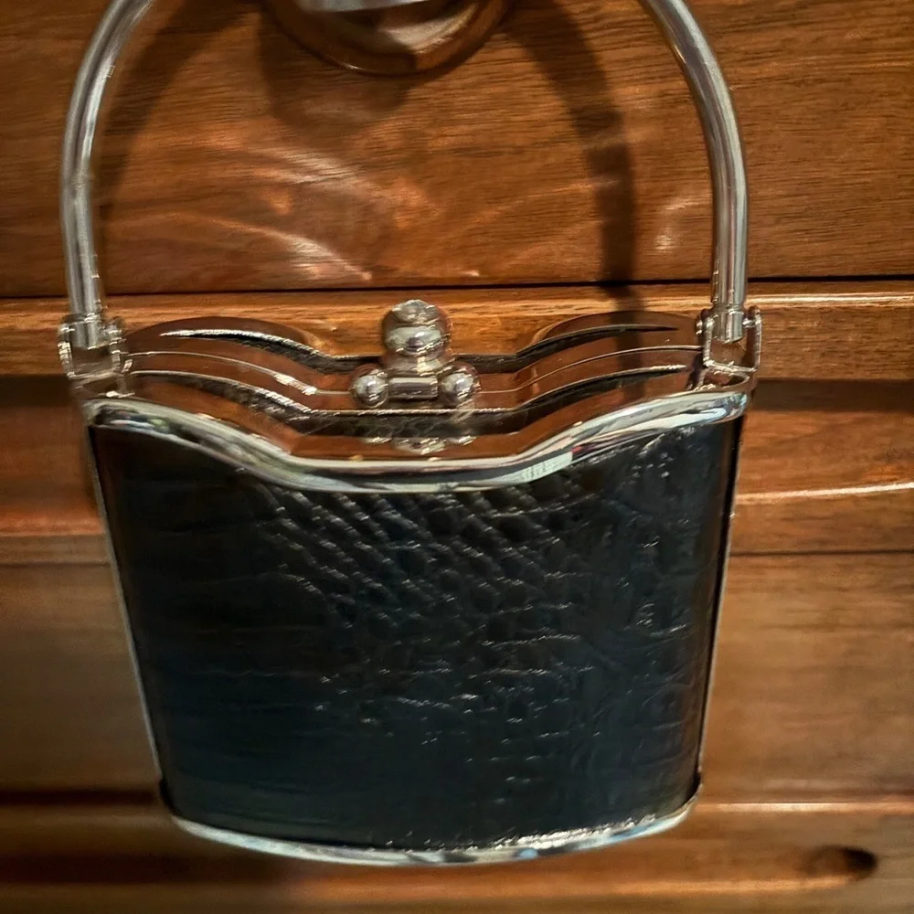 Vintage y2k Black pillbox cocktail bag with Silver Clasp 1980s style